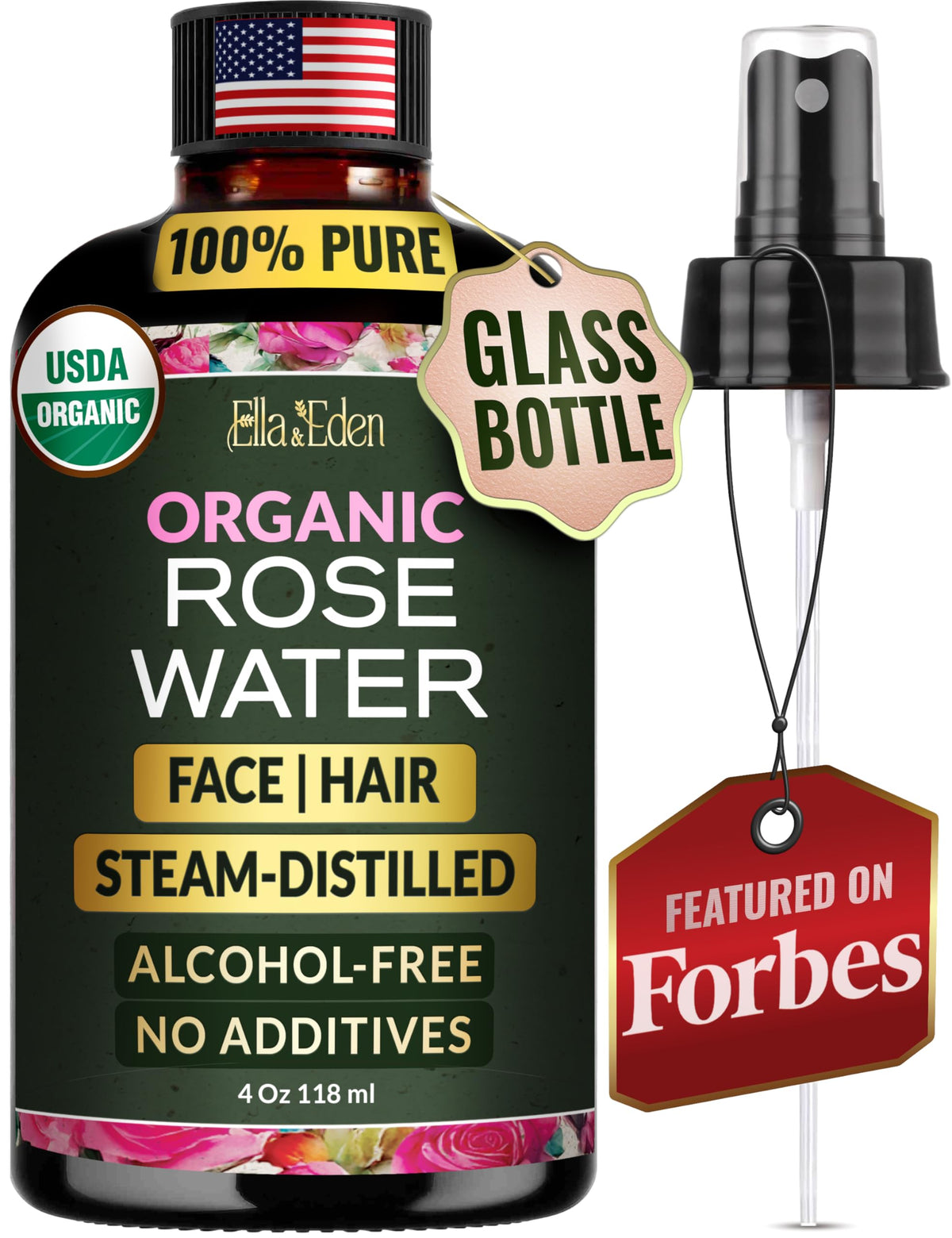 Ella & Eden front bottle showing clean organic rose water packaging and clarity