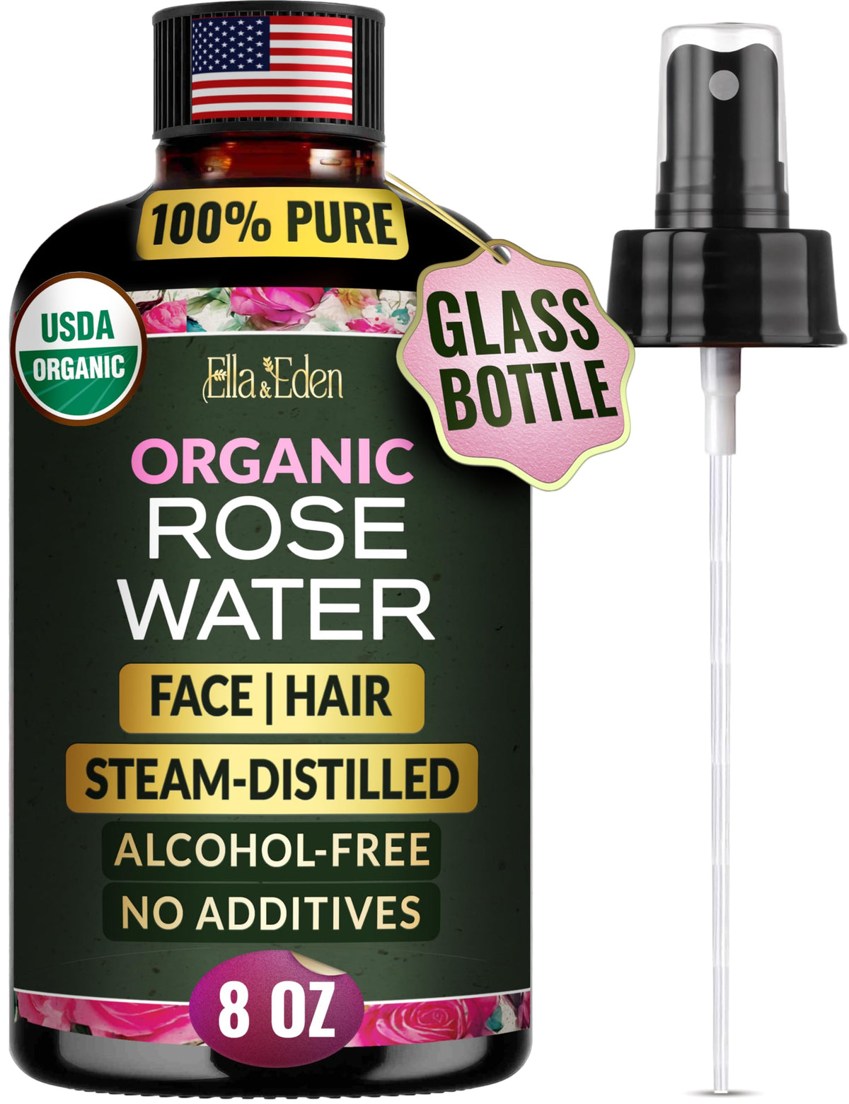 Ella & Eden front glass bottle showing organic label and amber protection benefits