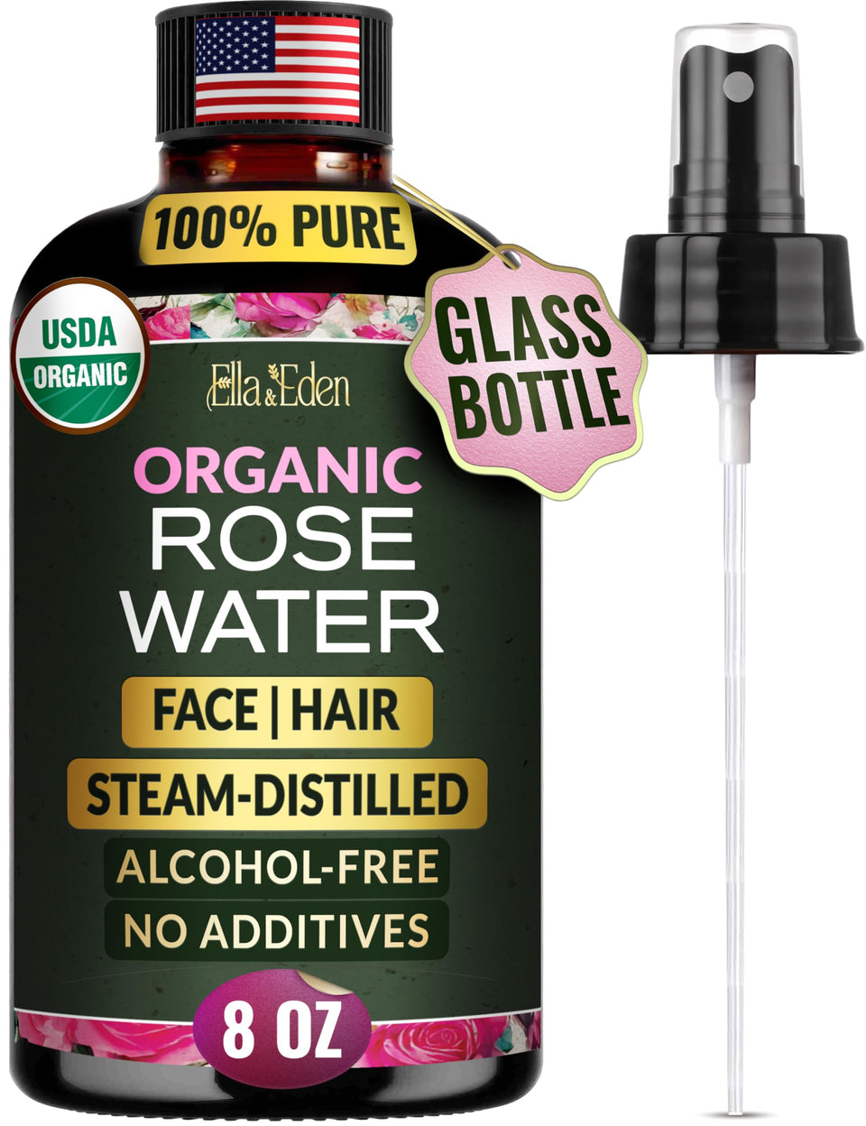 Ella & Eden front glass bottle showing organic label and amber protection benefits