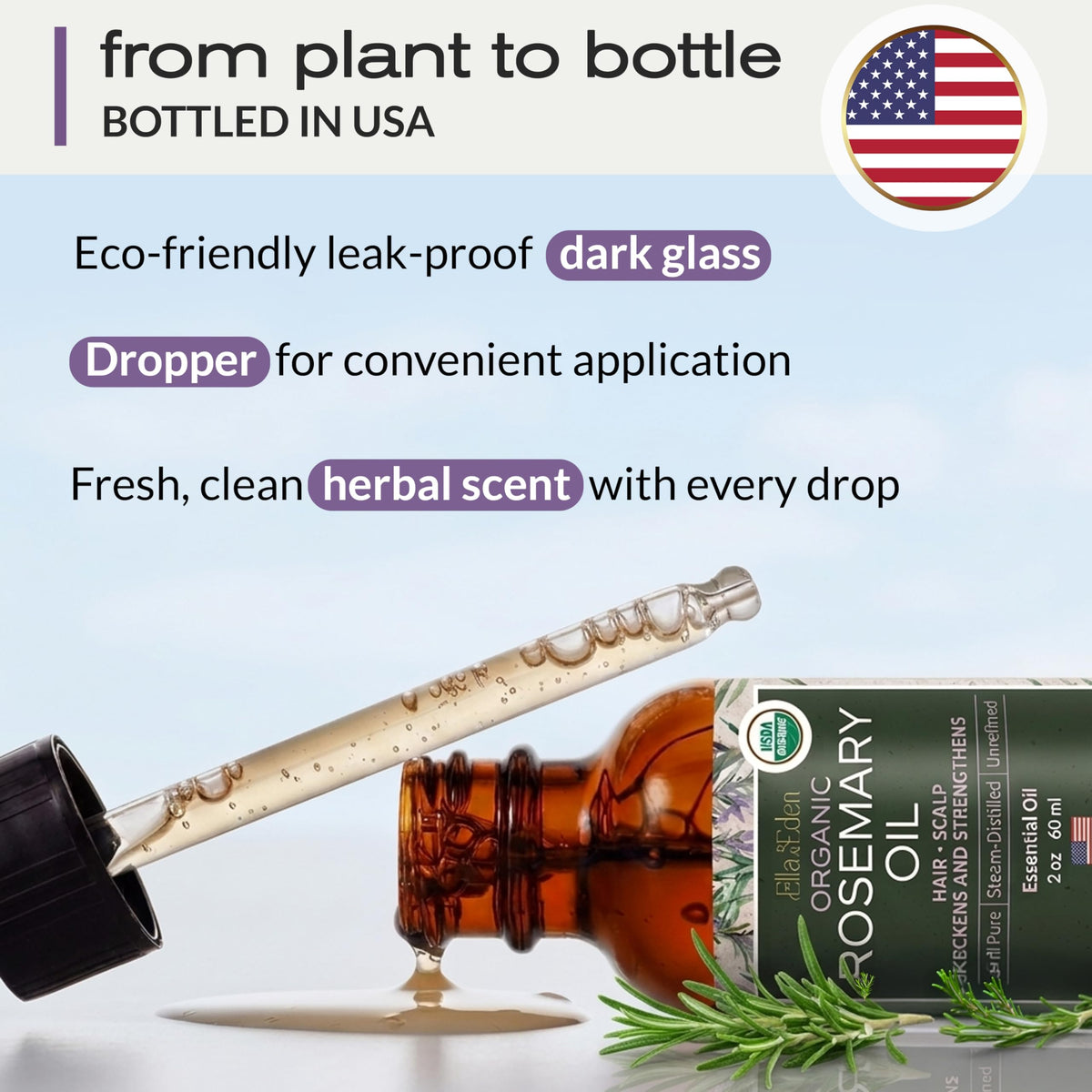 Ella & Eden rosemary oil in hand to show bottle size and scale benefit