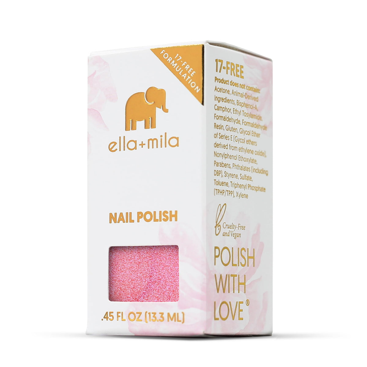 ella+mila packaging label detail showing ingredient-conscious 17-free formula
