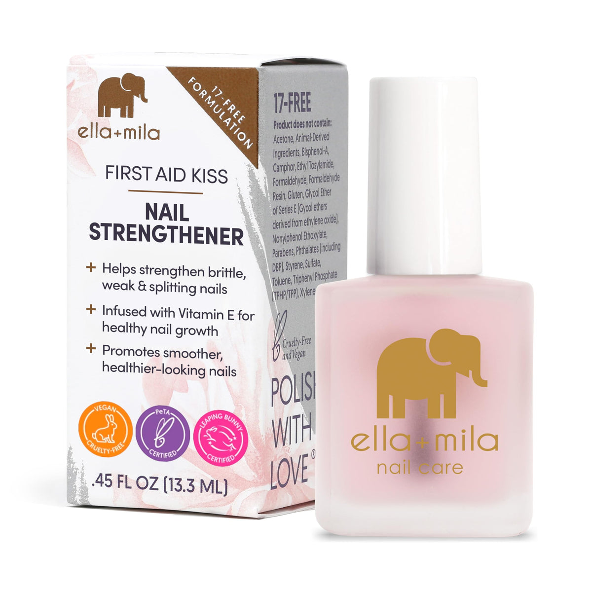 ella+mila front bottle showing clear nail hardener and strength benefit