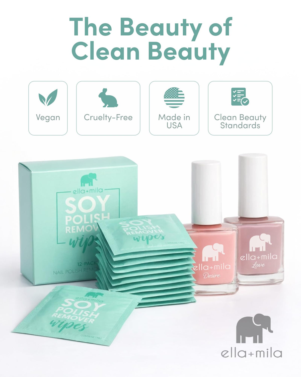 ingredients label photo of ella+mila wipes showing non-acetone, soy-based formulation