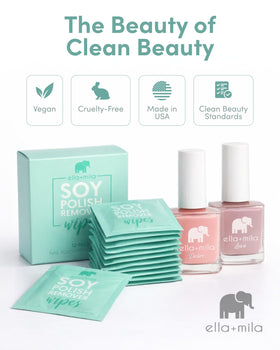 ingredients label photo of ella+mila wipes showing non-acetone, soy-based formulation