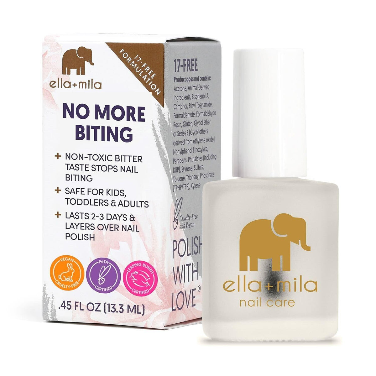 ella+mila front packaging showing bottle and benefit of bite deterrent