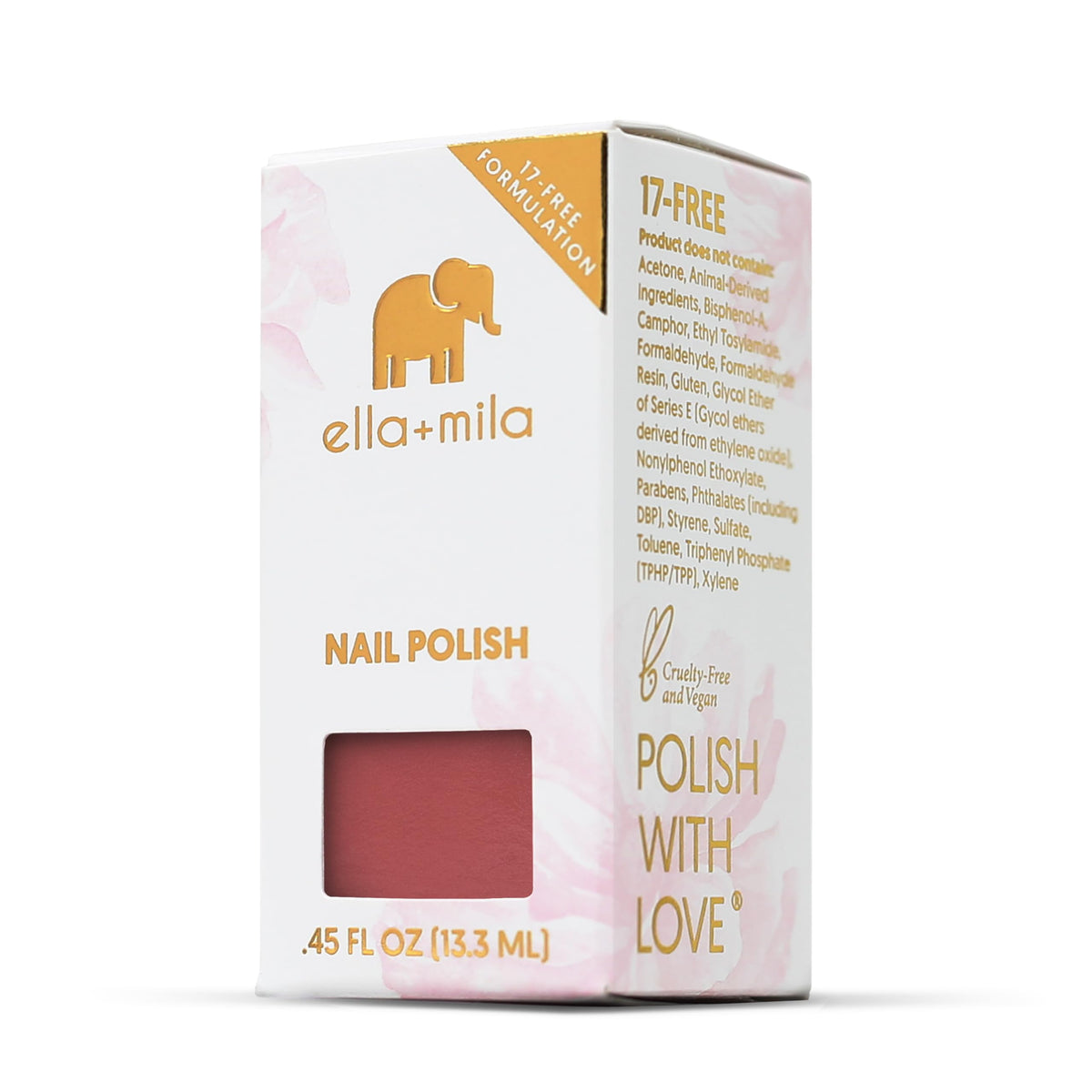 ella+mila label and ingredients close-up highlighting 17-free and vegan benefit