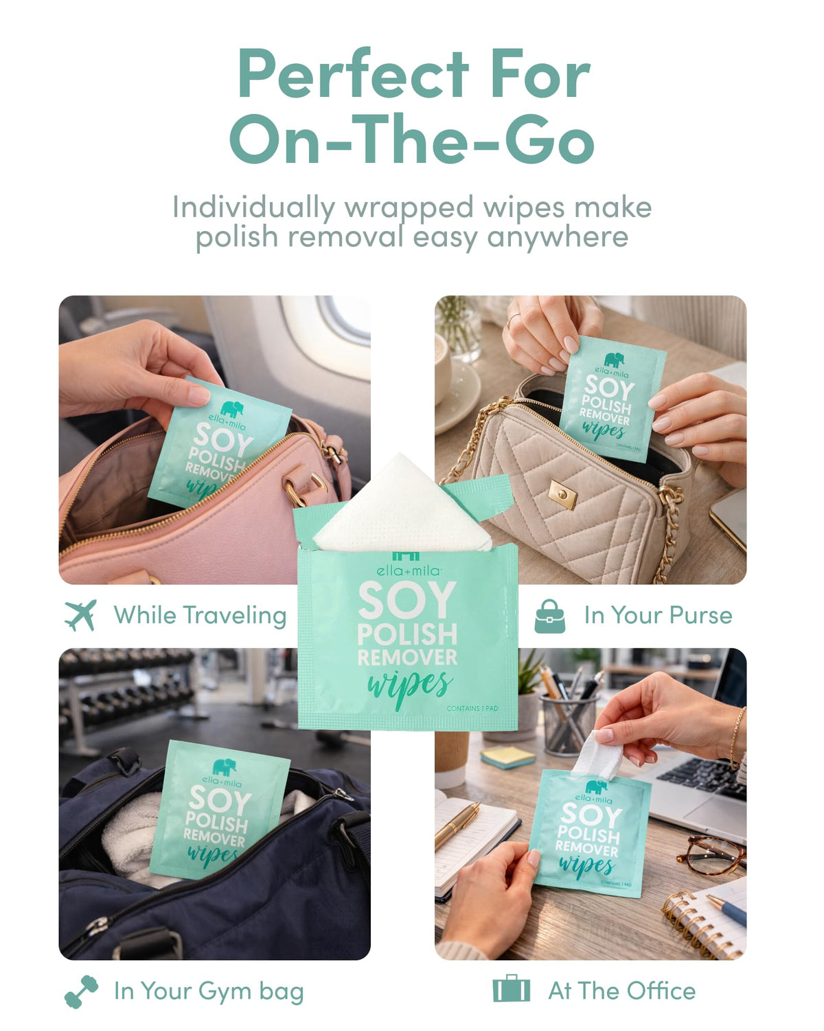 hand holding an ella+mila wipe removing polish for convenient on-the-go use