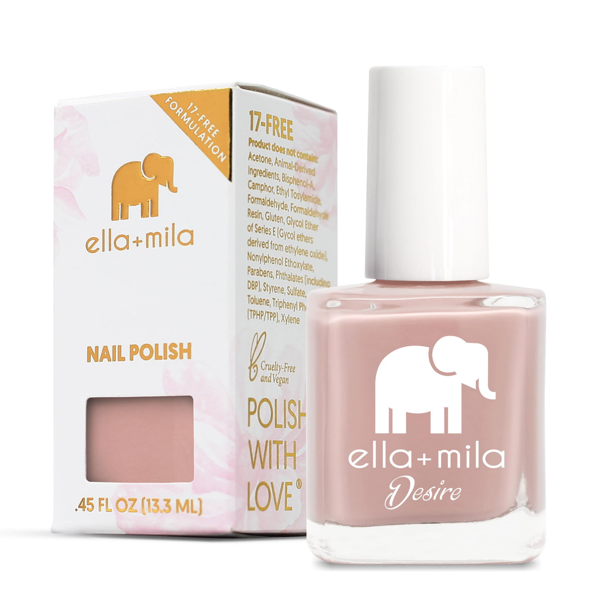 ella+mila front bottle showing Desert Suede pink and quick-dry benefit