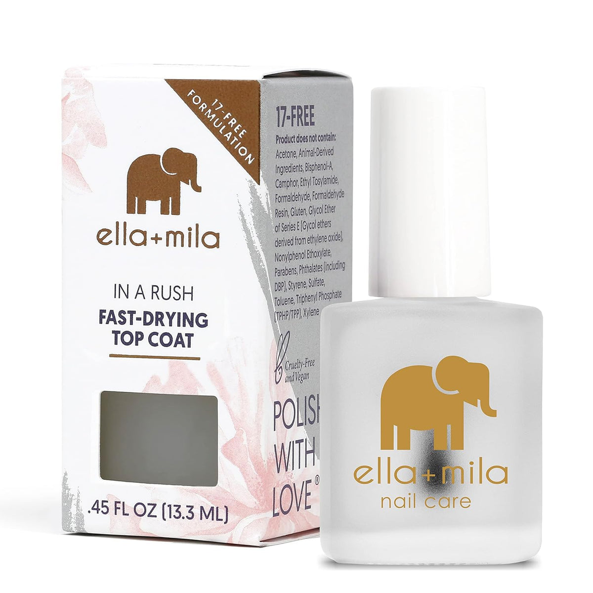 ella+mila front packaging showing product and clear high-shine benefit