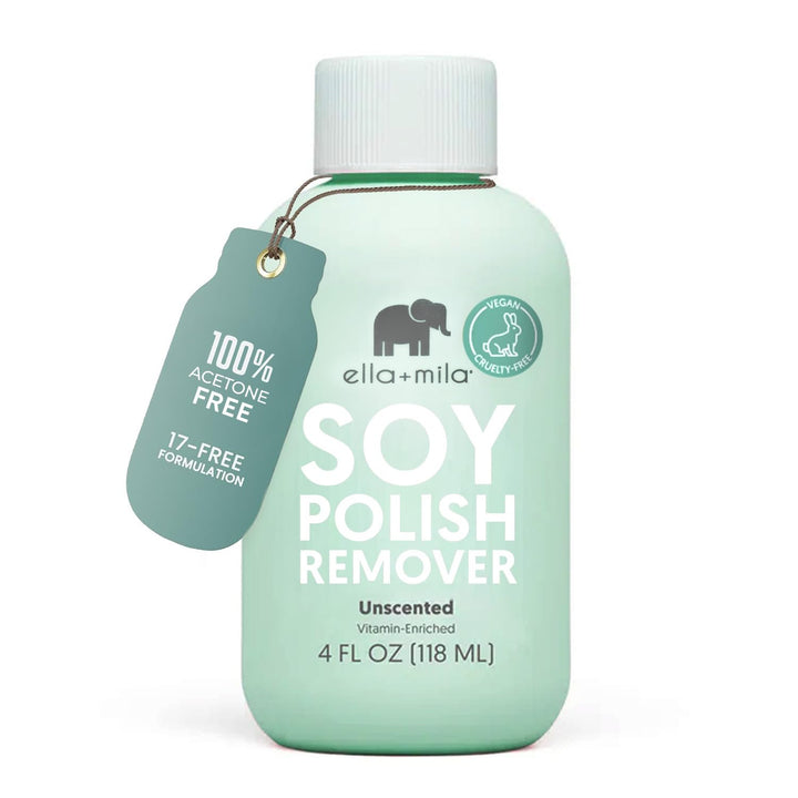 ella+mila front bottle showing unscented remover and benefit of gentle removal