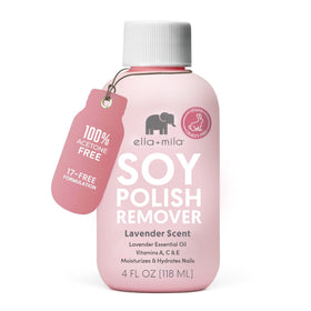 ella+mila front bottle showing label and clear liquid, gentle removal benefit