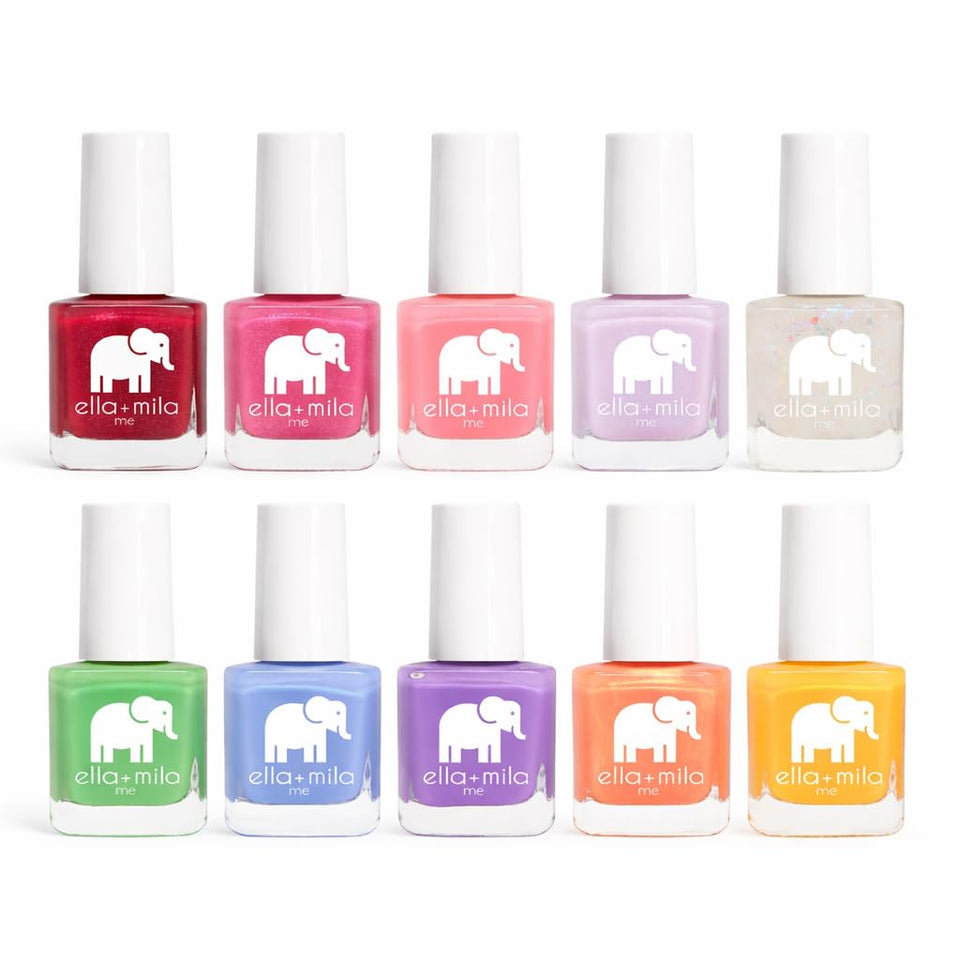 ella+mila front packaging showing ten vibrant colors and family-friendly benefits