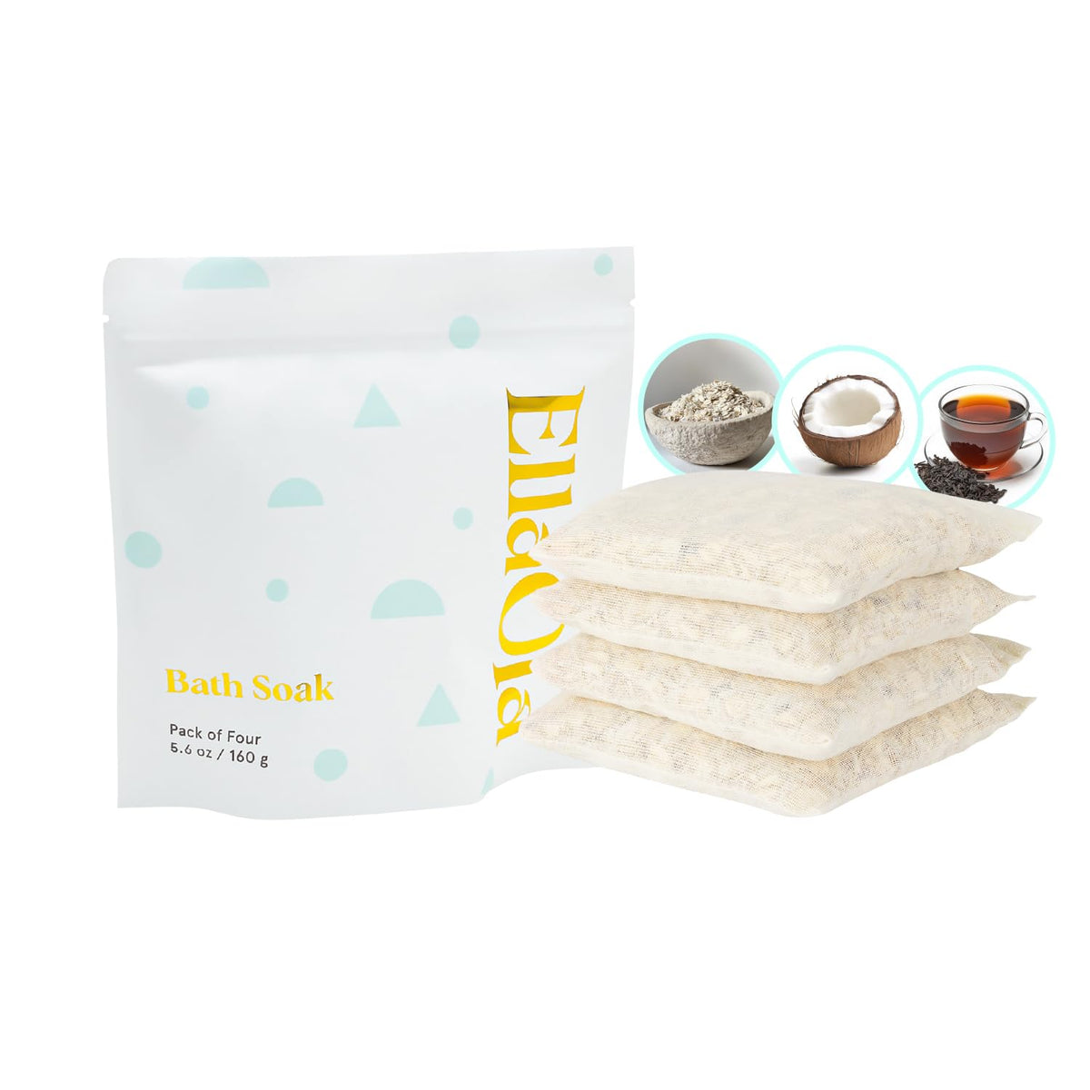 ELLAOLA front packaging showing four baby bath tea sachets and benefits