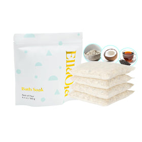 ELLAOLA front packaging showing four baby bath tea sachets and benefits