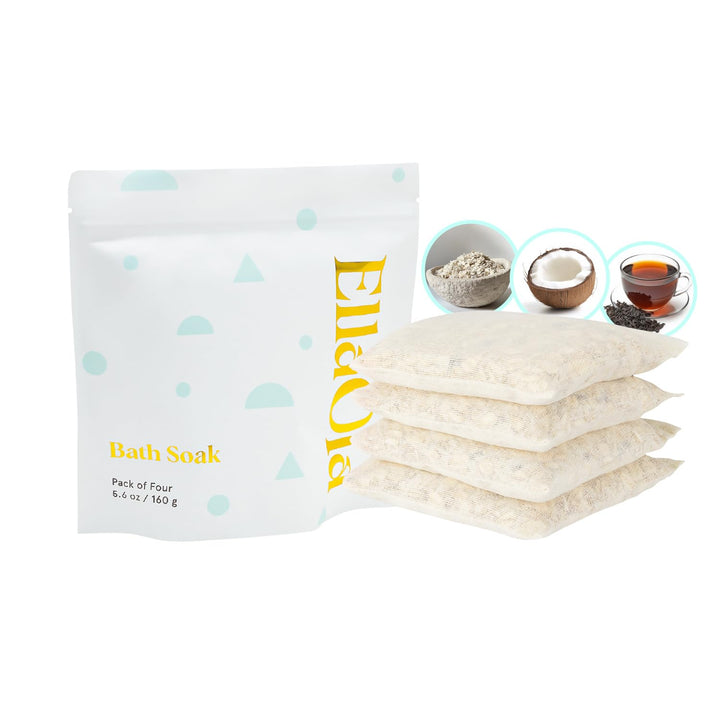 ELLAOLA front packaging showing four baby bath tea sachets and benefits