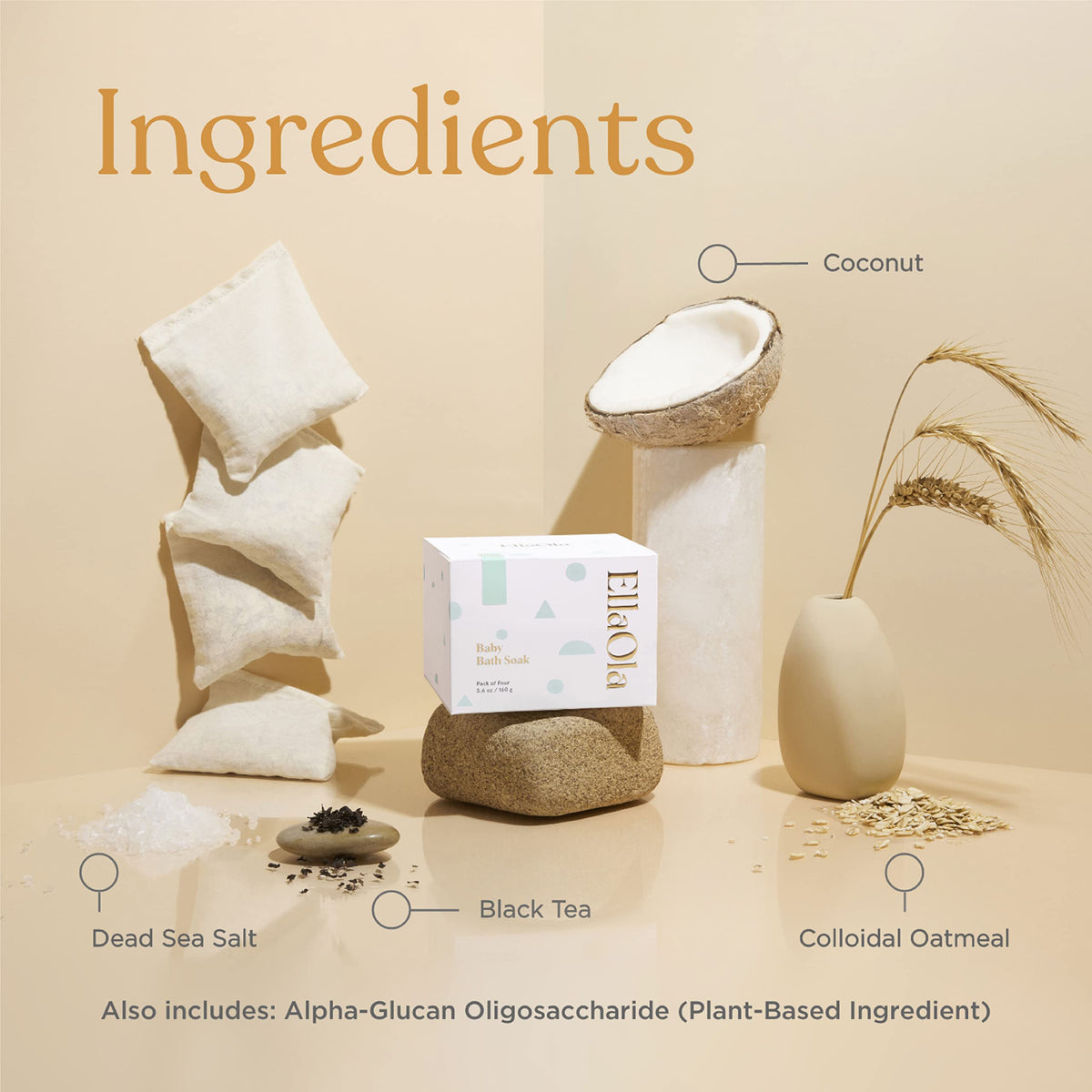 ELLAOLA ingredient flatlay with oats tea and Dead Sea salt for nourishing benefit