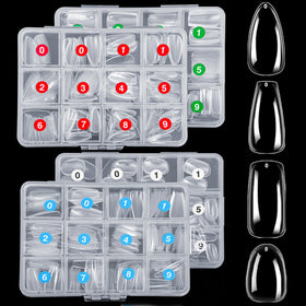 ELLEWIN front packaging of 1000 clear nail tips showing quantity and shapes, easy storage benefit