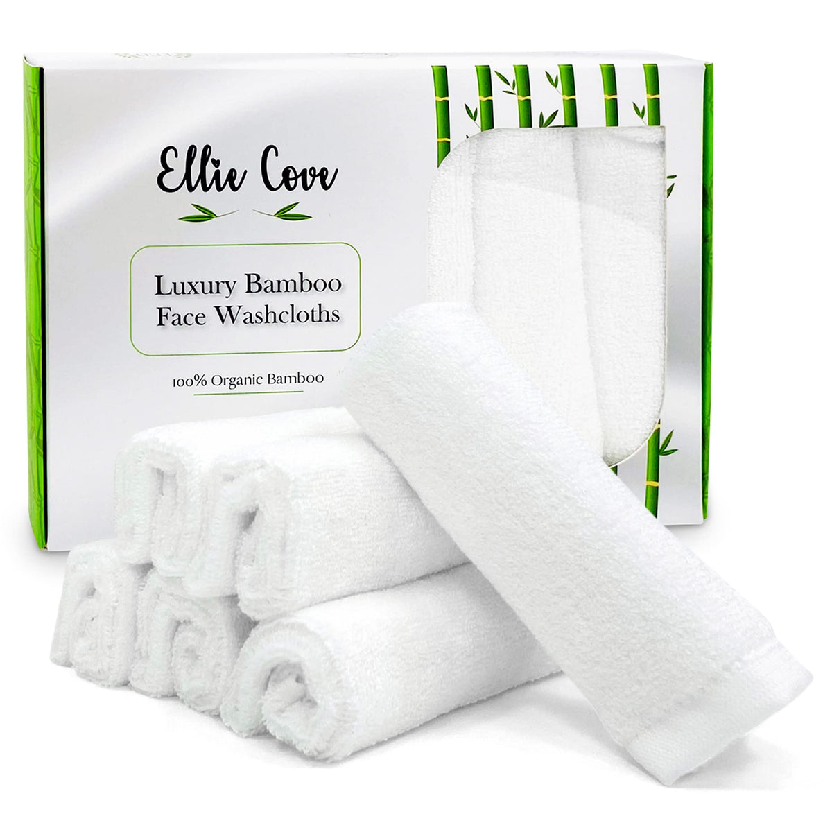 Ellie Cove front packaging showing six white washcloths and product branding for easy selection