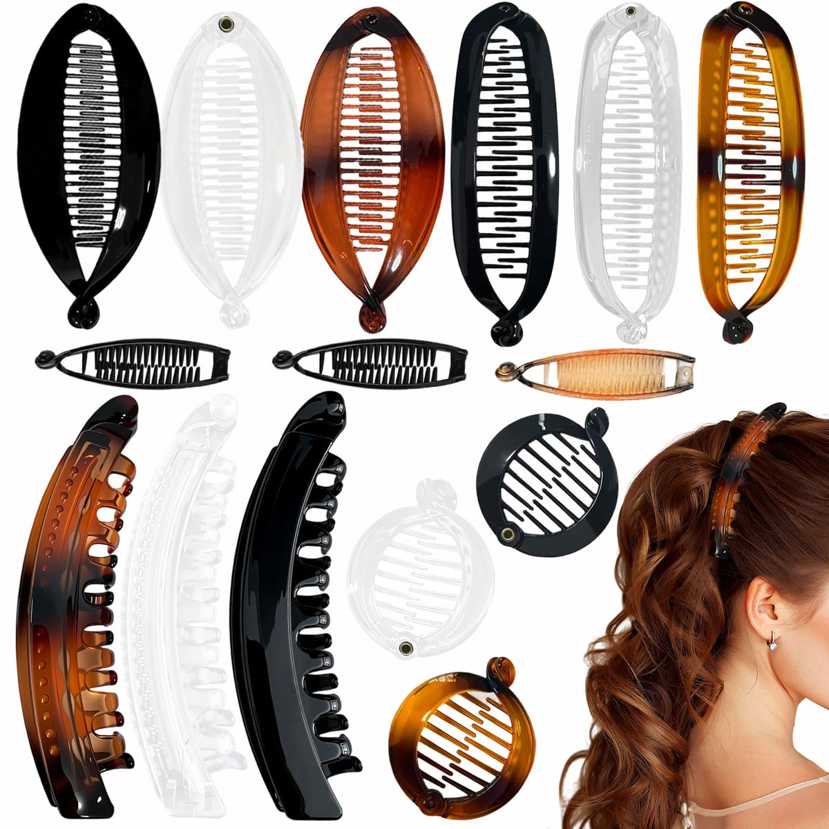 ELLOPH front view showing full 15-piece retro banana clip assortment and variety