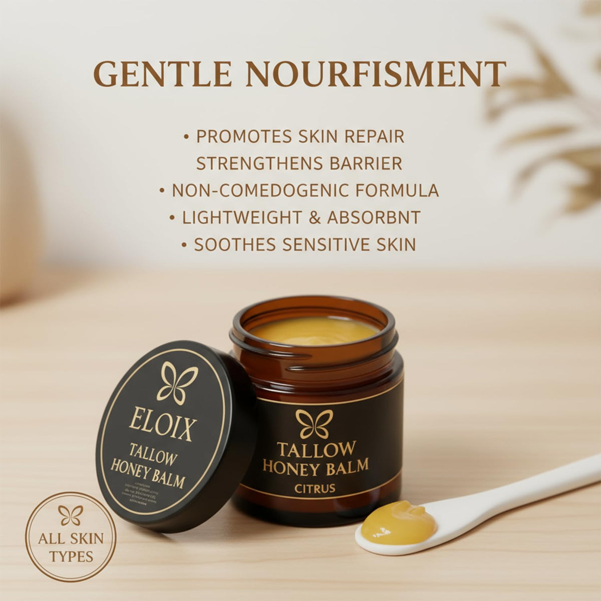 Eloix label close-up highlighting grass-fed tallow and raw honey
