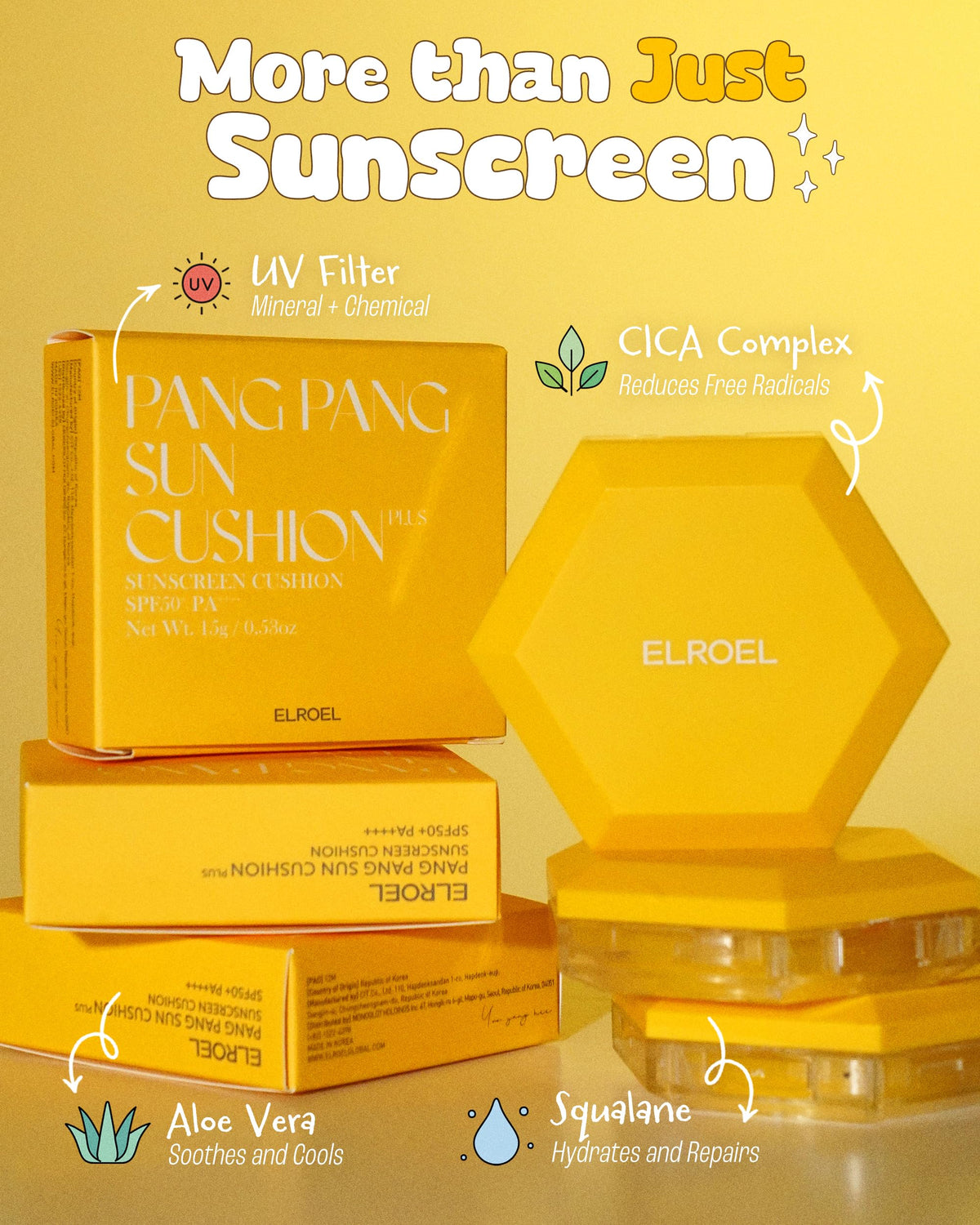 ELROEL Pang Pang label close-up showing SPF 50 and broad-spectrum mineral filters