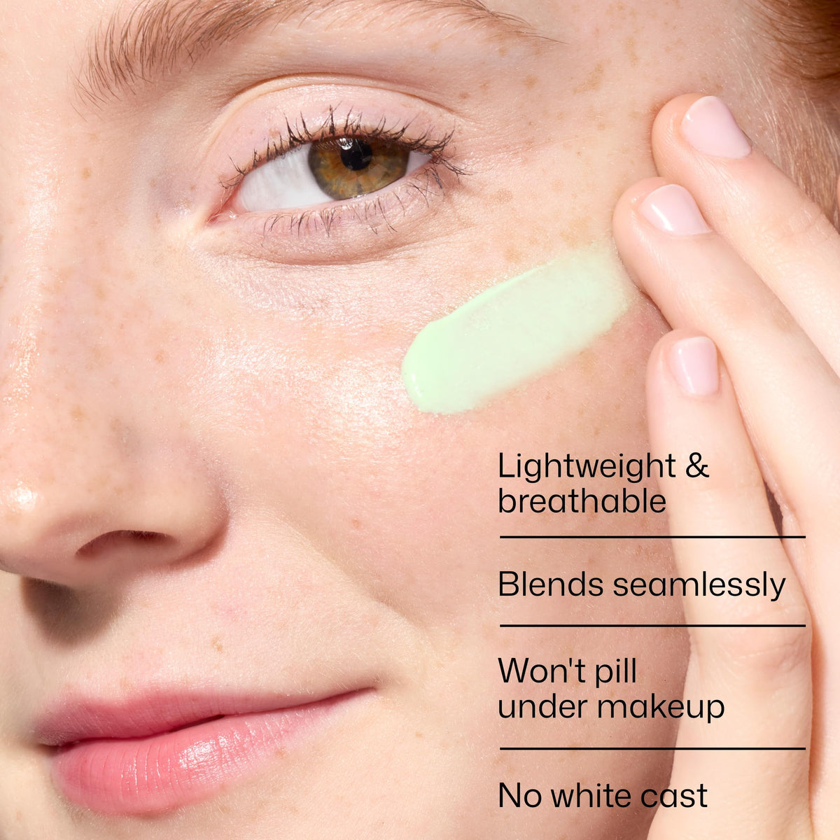 EltaMD applied to cheek showing redness neutralization and smoother look