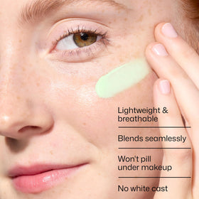 EltaMD applied to cheek showing redness neutralization and smoother look
