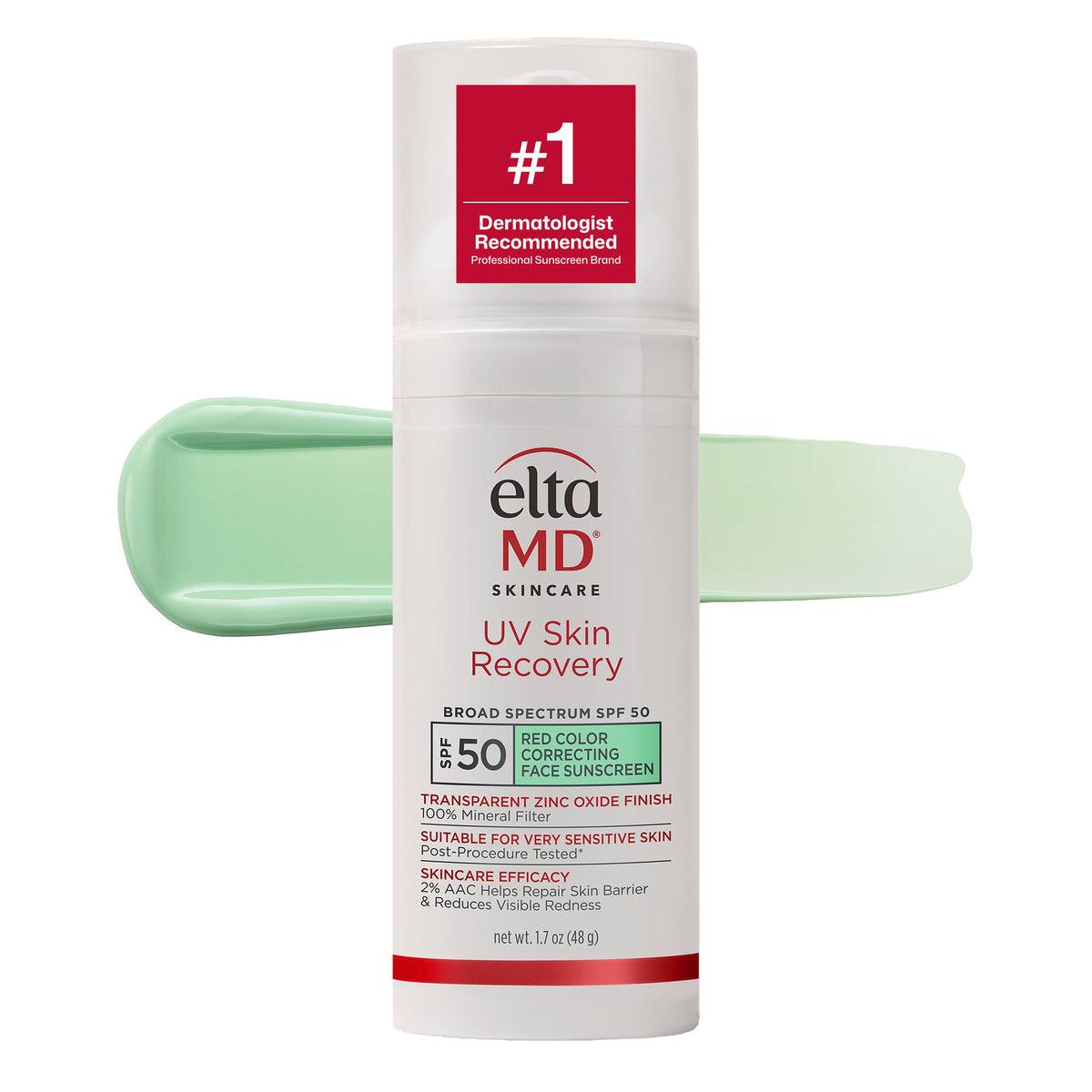 EltaMD front pump bottle showing green-tinted sunscreen and SPF benefit
