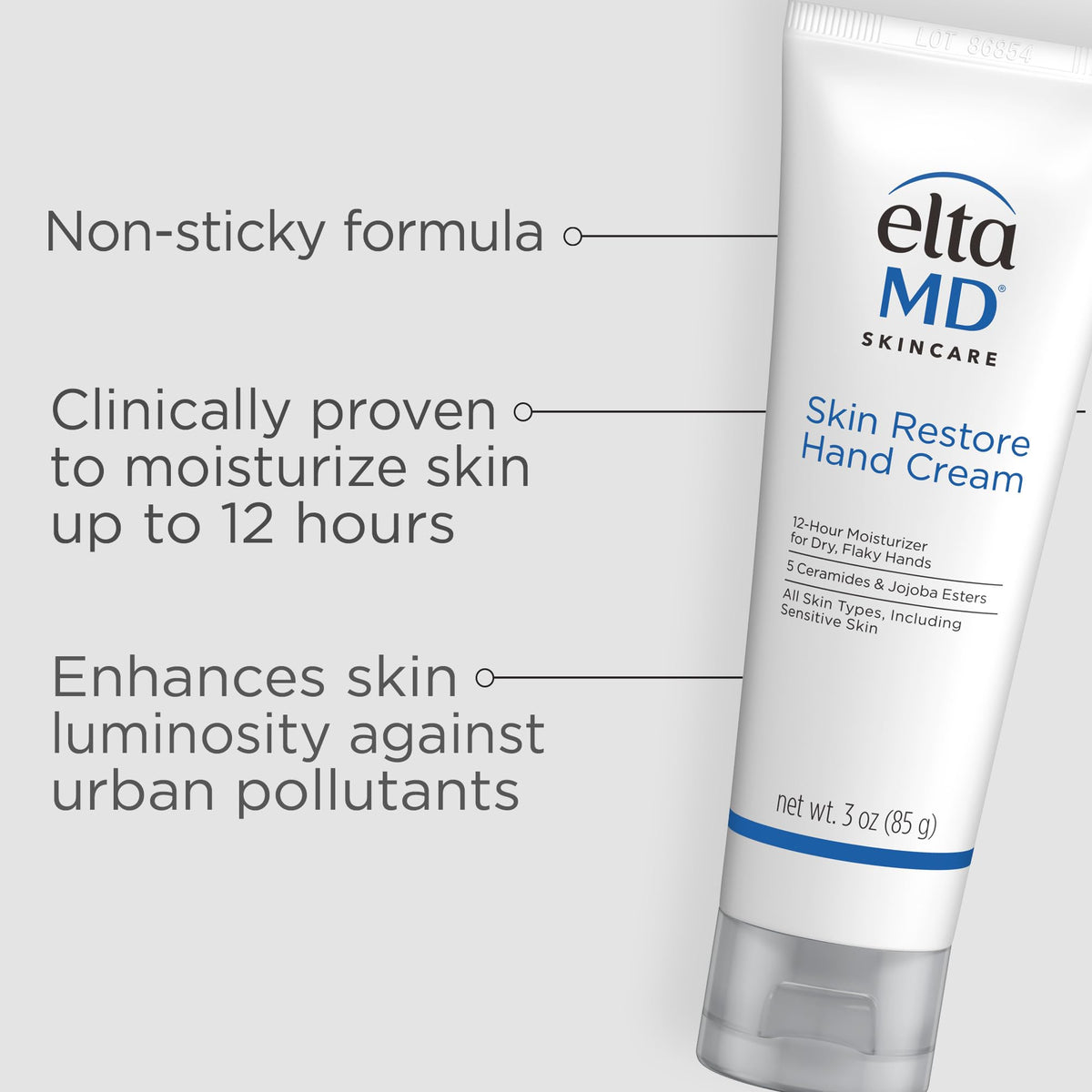 Applying EltaMD hand cream to hands showing instant softness and long-lasting moisture