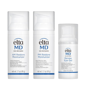 EltaMD kit front packaging showing AM Restore PM Restore and Renew Eye Gel for everyday hydration
