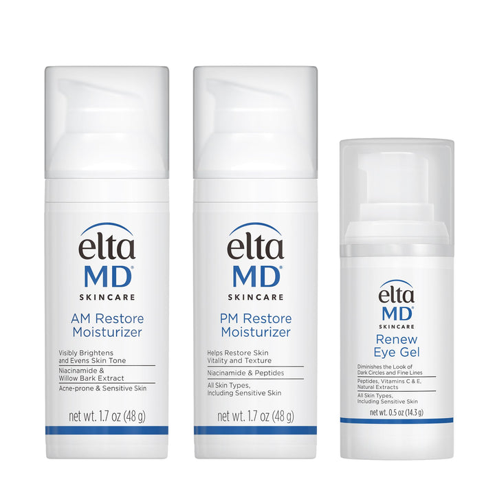 EltaMD kit front packaging showing AM Restore PM Restore and Renew Eye Gel for everyday hydration