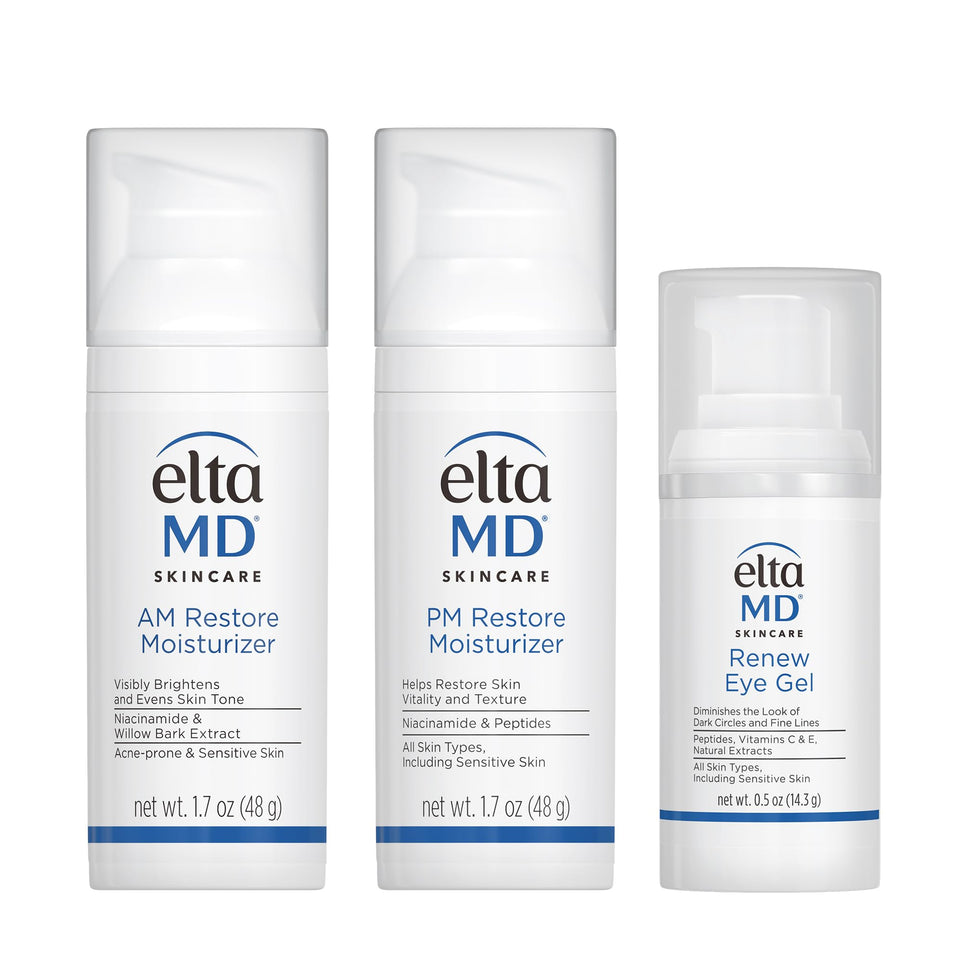 EltaMD kit front packaging showing AM Restore PM Restore and Renew Eye Gel for everyday hydration