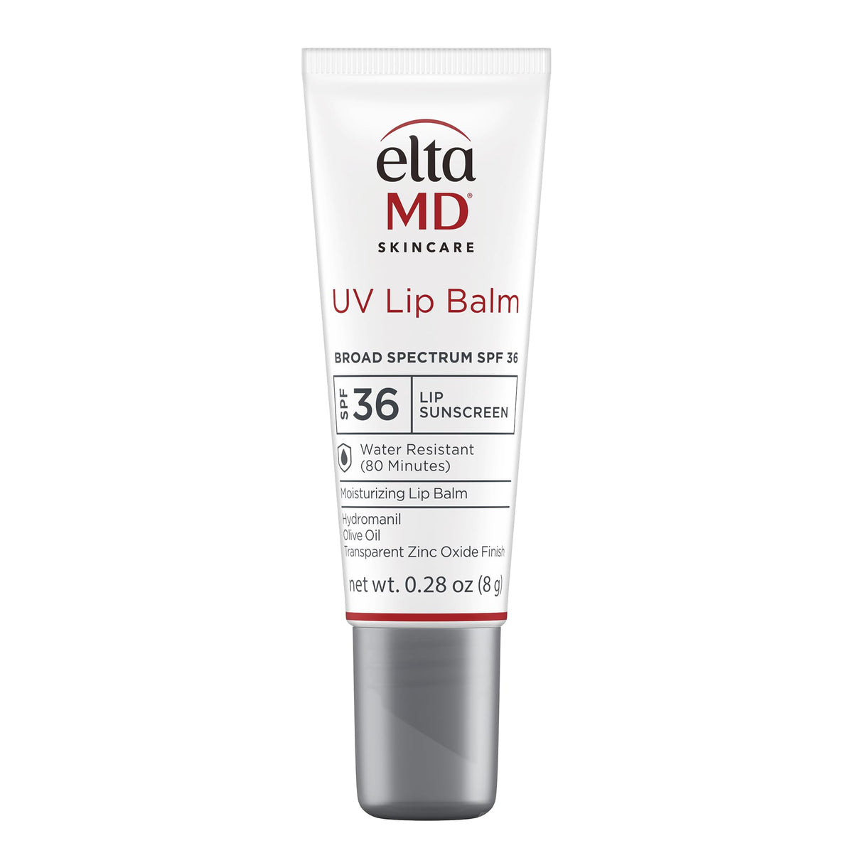 EltaMD lip balm front tube showing product branding and SPF protection