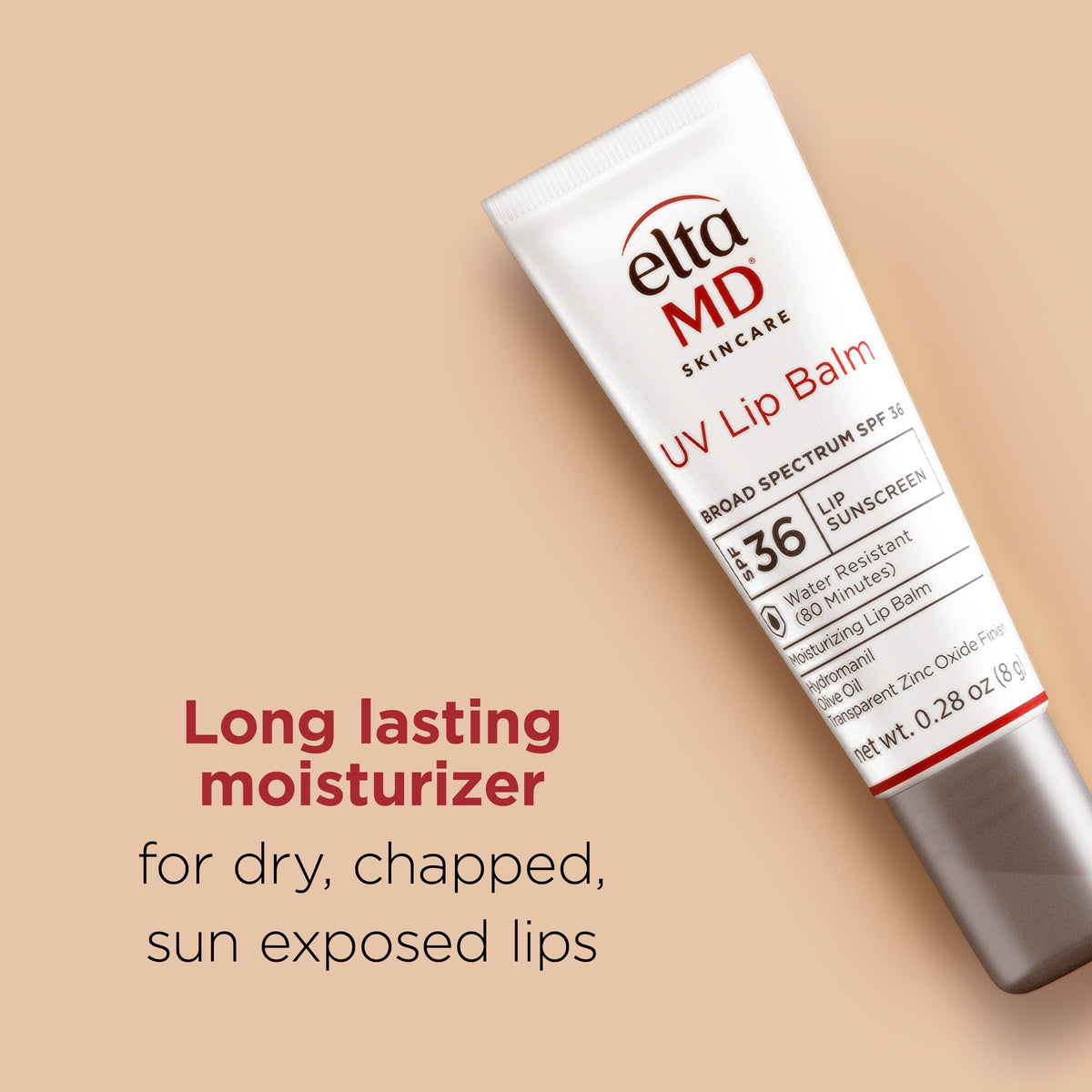 EltaMD lip balm open tip texture highlighting creamy hydration benefit