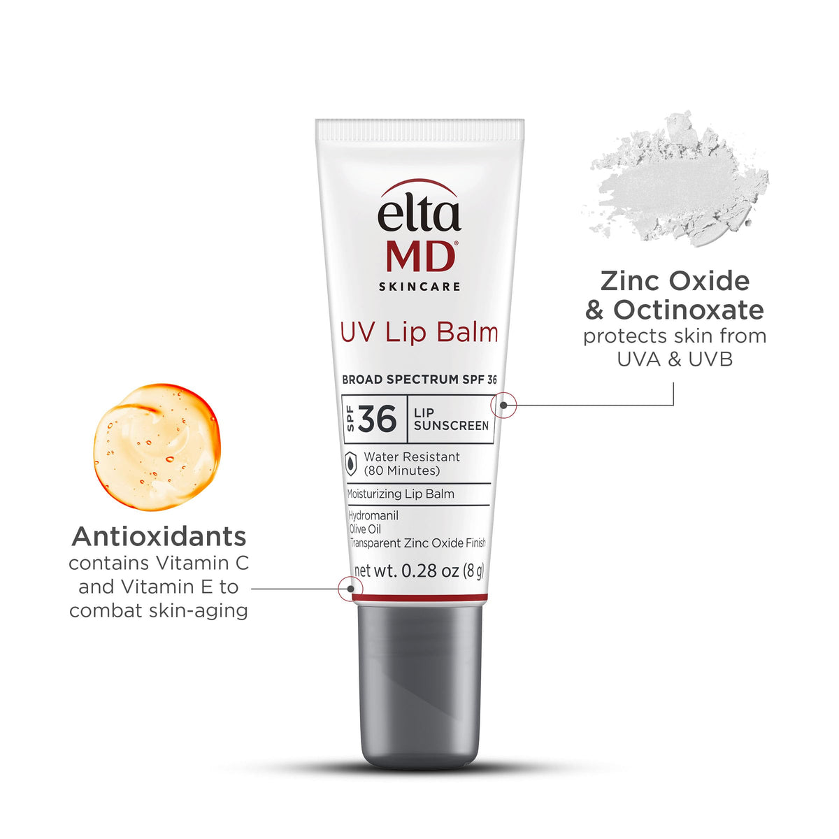 EltaMD lip balm next to keys showing portable 0.28 oz travel benefit