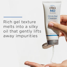 EltaMD cleanser applied on hand demonstrating smooth glide and gentle removal benefits