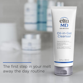EltaMD gel-to-oil texture close-up showing silky consistency for effective makeup removal