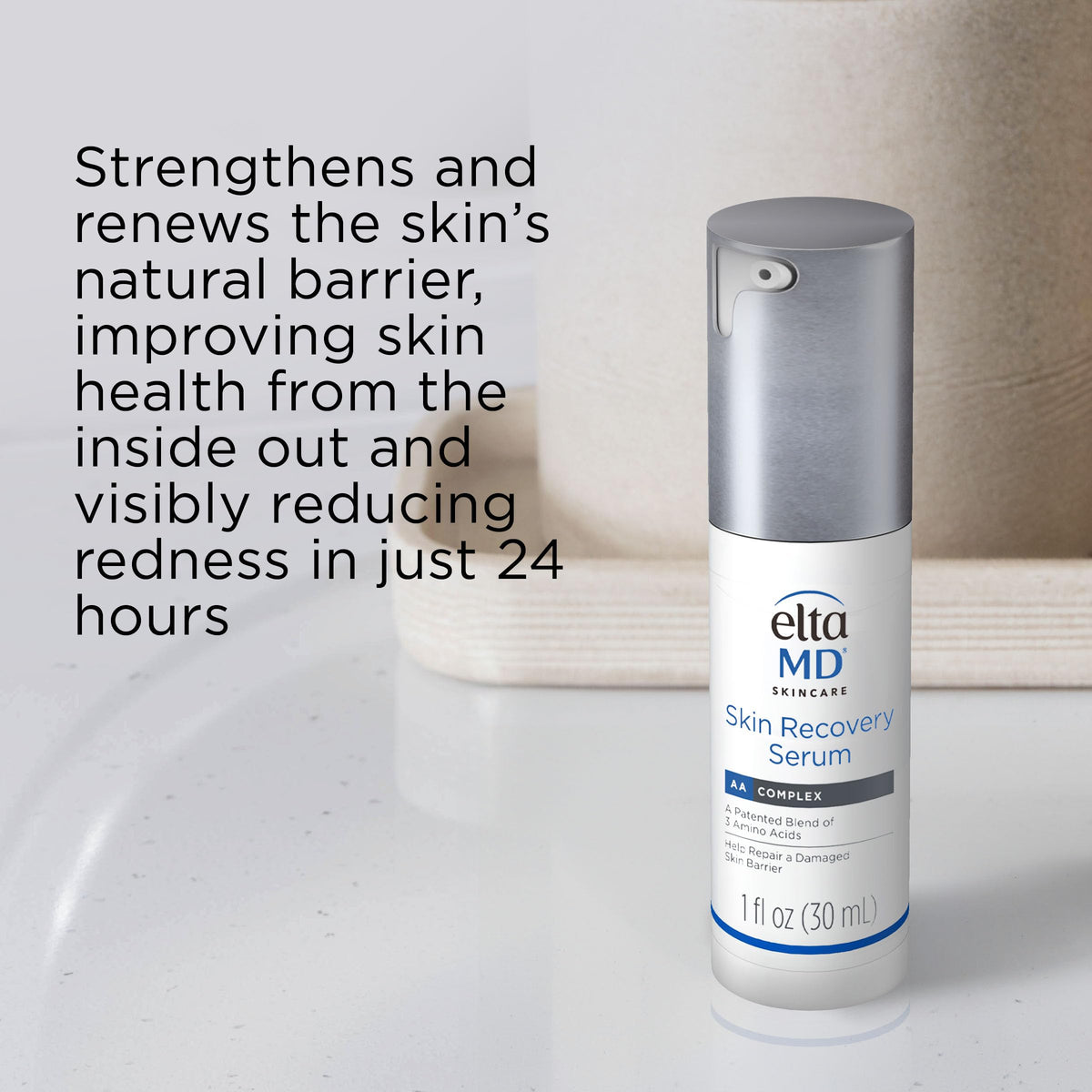 EltaMD bottle beside coin to show 1.0 oz scale and travel-friendly benefit