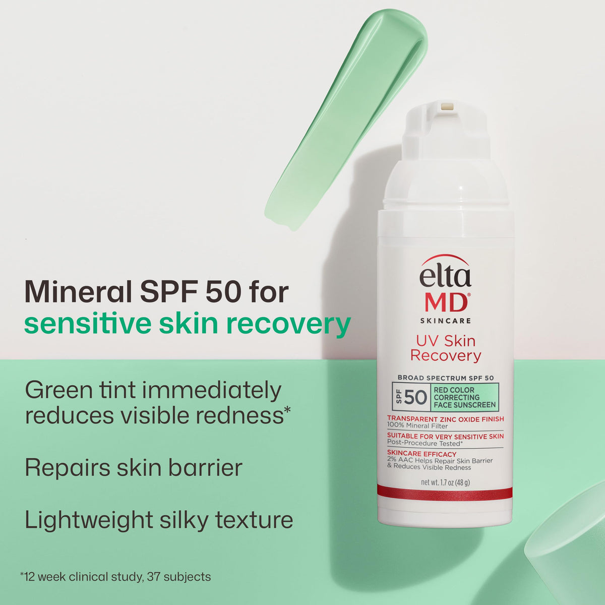 EltaMD close-up texture of green-tinted mineral sunscreen for quick absorption