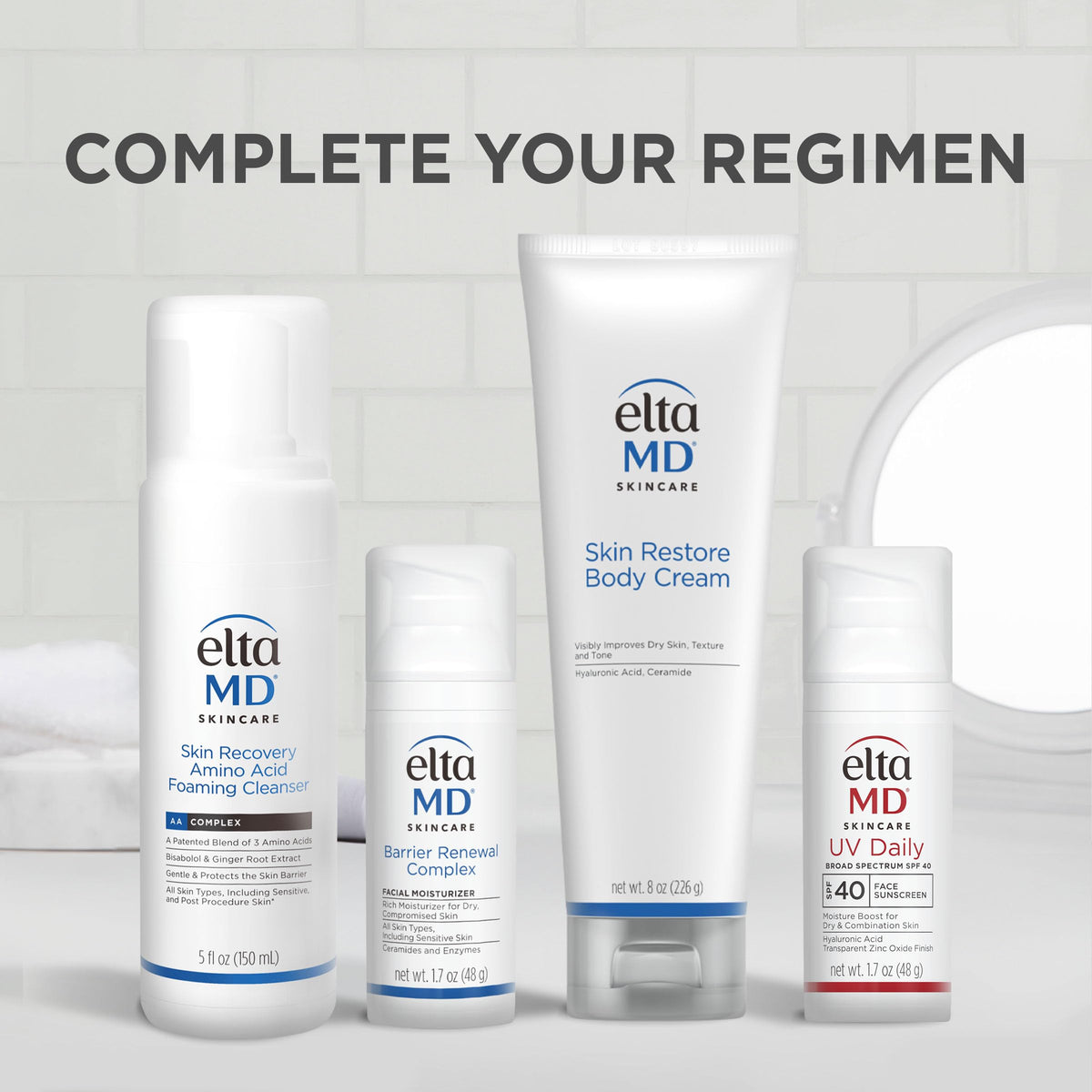 EltaMD tube on bathroom counter in lifestyle setting for daily routine