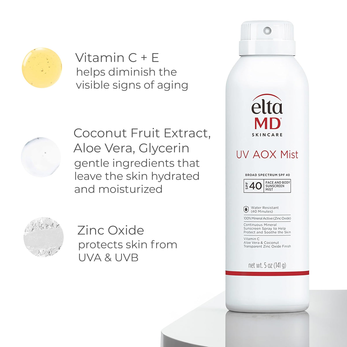 EltaMD close-up of label listing zinc oxide and antioxidant ingredients
