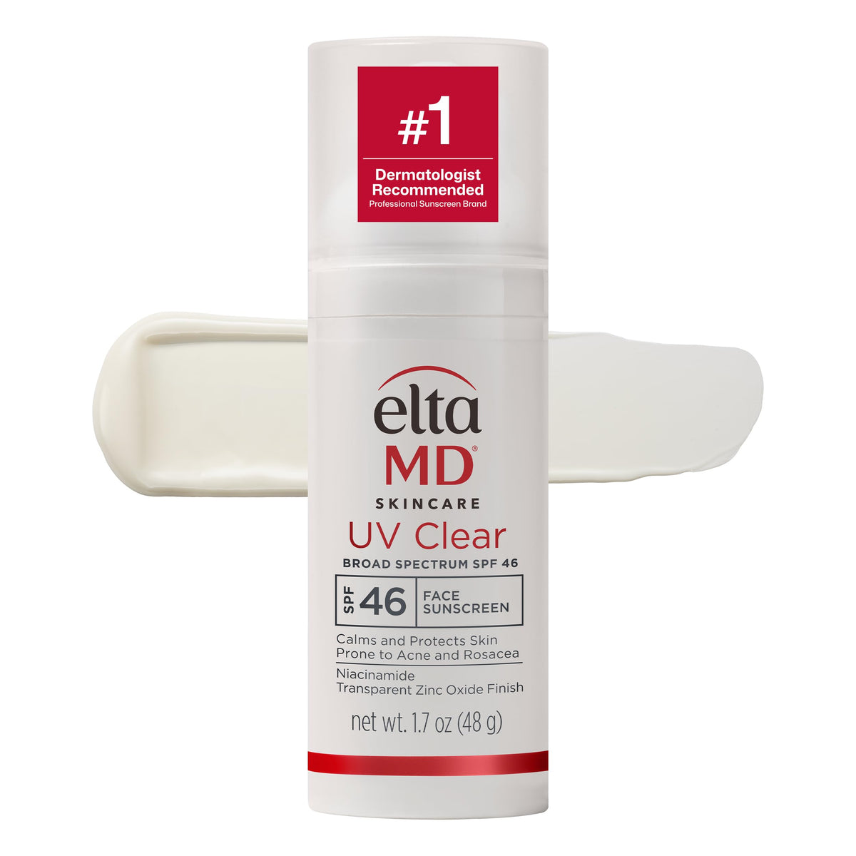 EltaMD UV Clear front pump bottle showing clean design and portability benefit