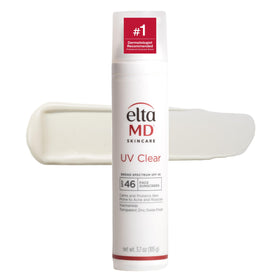 EltaMD UV Clear front pump bottle showing clean dermatological design and easy dispensing benefit
