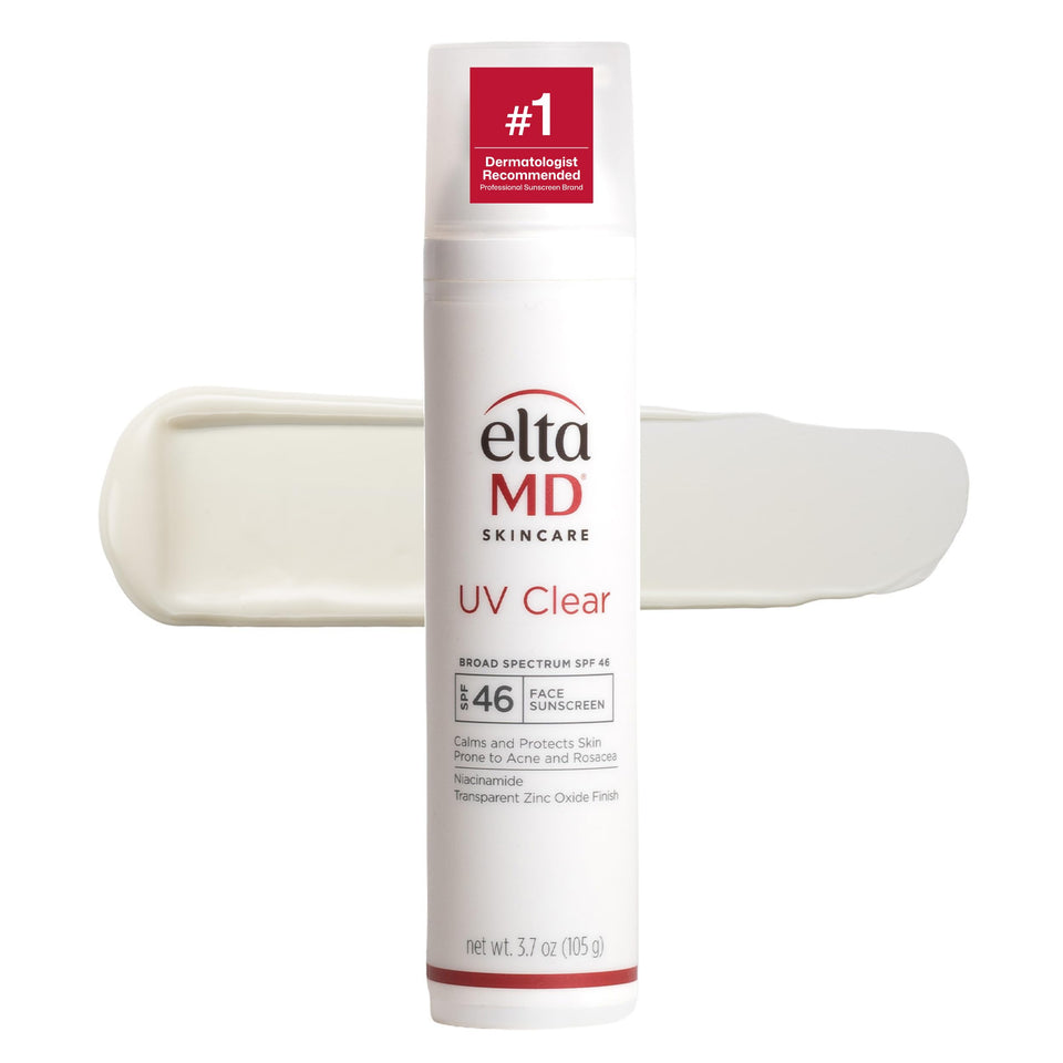EltaMD UV Clear front pump bottle showing clean dermatological design and easy dispensing benefit