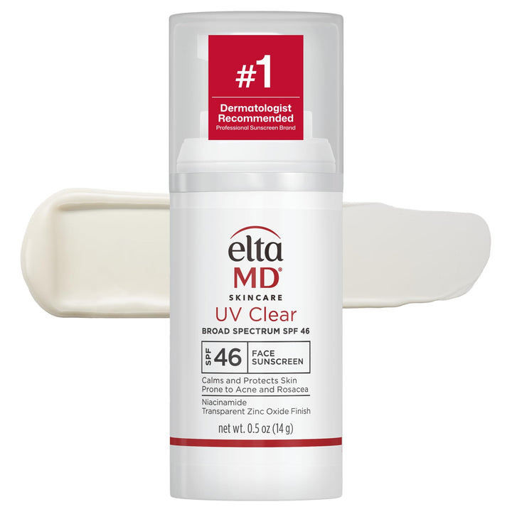 EltaMD UV Clear pump bottle front showing compact travel size benefit