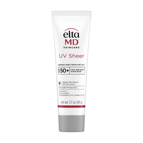 EltaMD UV Sheer front tube showing compact travel-friendly packaging and clear branding