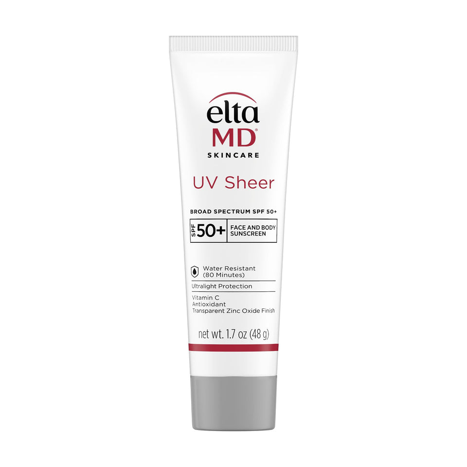 EltaMD UV Sheer front tube showing compact travel-friendly packaging and clear branding