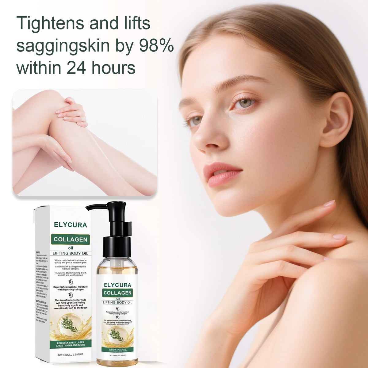 Elycura Collagen Oil on bathroom shelf with towel showcasing daily use