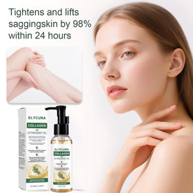 Elycura Collagen Oil on bathroom shelf with towel showcasing daily use