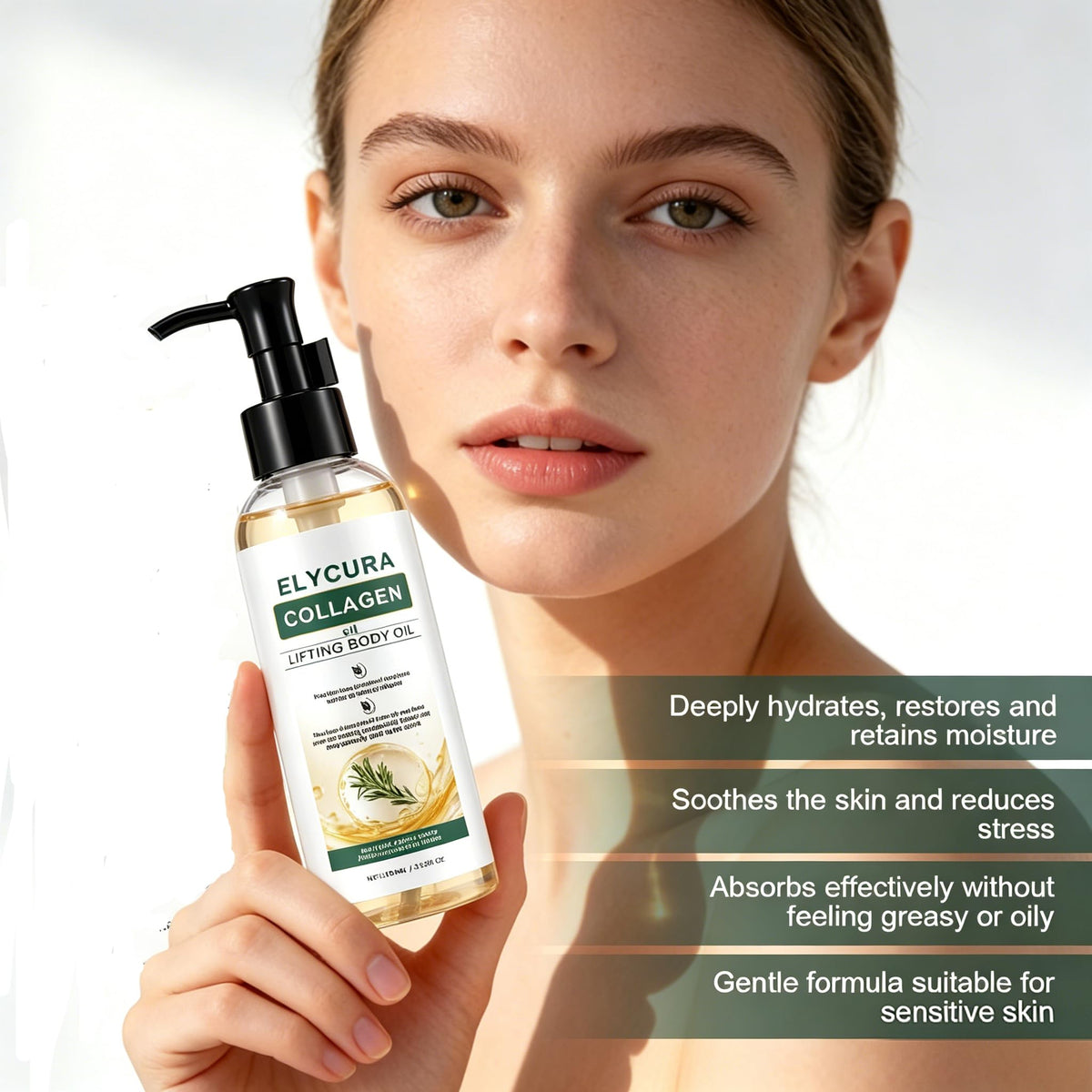 Elycura Collagen Oil pump detail showing controlled dispensing benefit